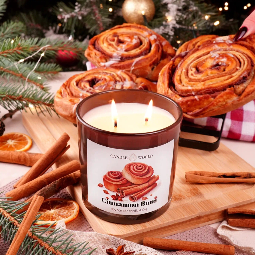 Candle World glazen soja geurkaars Cinnamon Buns Kaneel 400 g