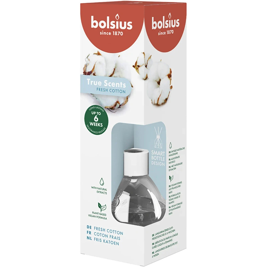 Bolsius True Scents vonné tyčinky do difuzéru 60 ml skleněné - Fresh Cotton Fresh Cotton