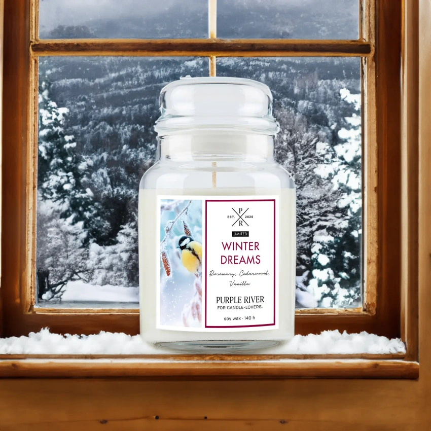 Candela grande profumata di soia in vetro foresta invernale Winter Dreams Purple River 623 g
