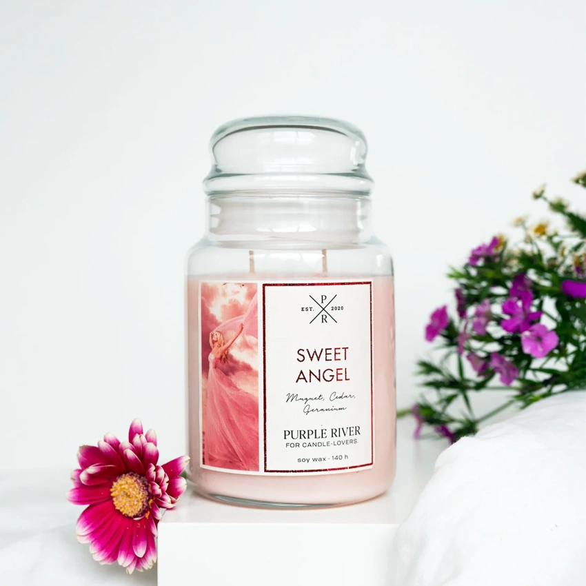 Grande candela profumata di soia in vetro femminile Sweet Angel Purple River 623 g
