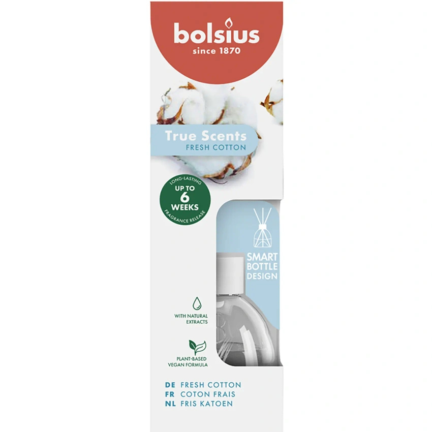 Bolsius True Scents vonné tyčinky do difuzéru 60 ml skleněné - Fresh Cotton Fresh Cotton