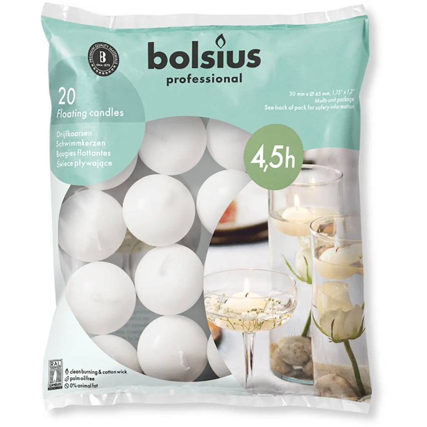 Bolsius Floating Candles floating water candles 30/45 mm 20 pcs - White