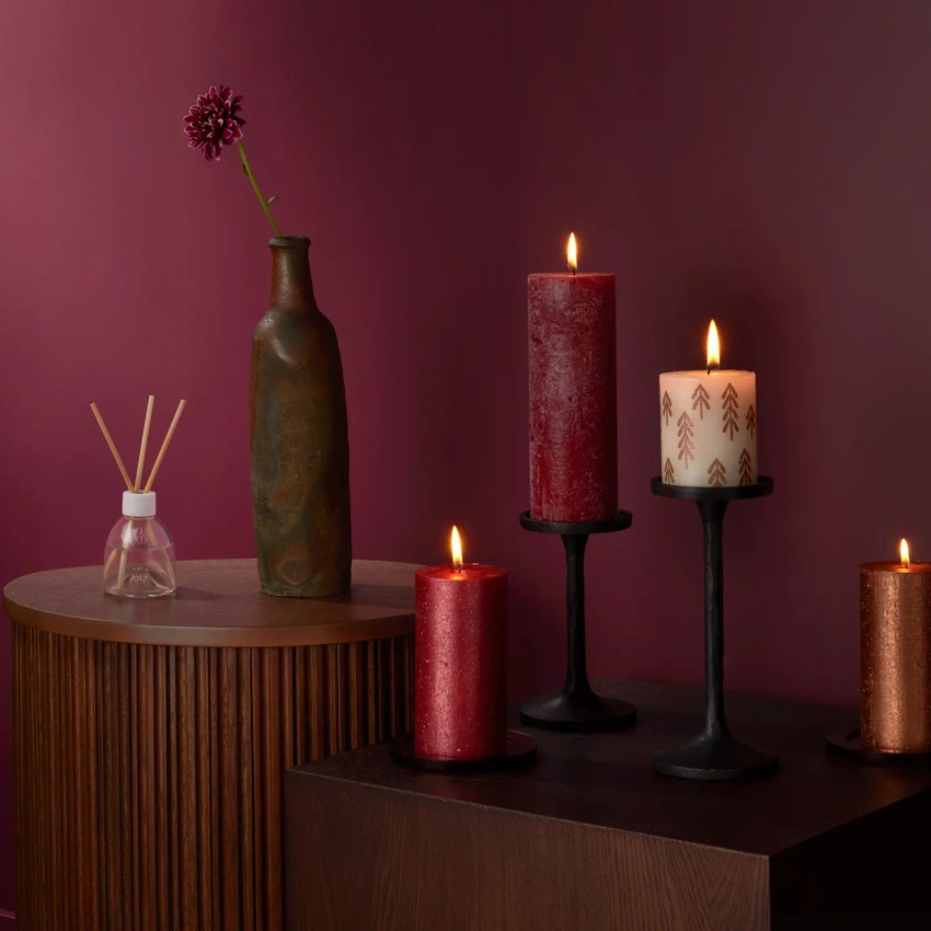 Bolsius Rustic Bougie rustique métallisée non parfumée 13 cm 130/68 mm - Rouge Rouge
