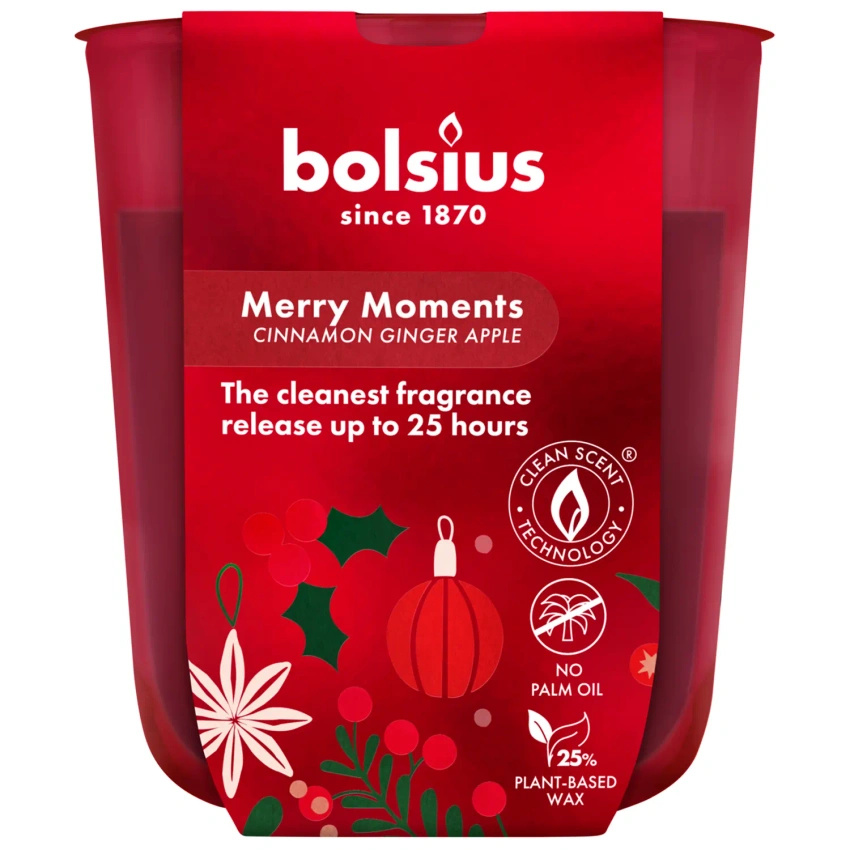 Bolsius bougie de Noël en verre 80/73 mm True Glow - Merry Moments Cinnamon Apple