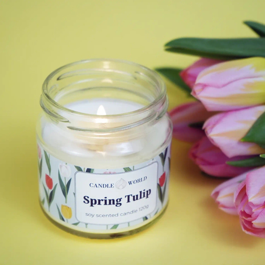 Candle World sójová vonná svíčka ve sklenici Spring Tulip 120 g Tulipán