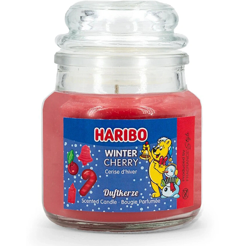 Haribo piccola candela profumata natalizia in vetro ciliegia Winter Cherry 85 g