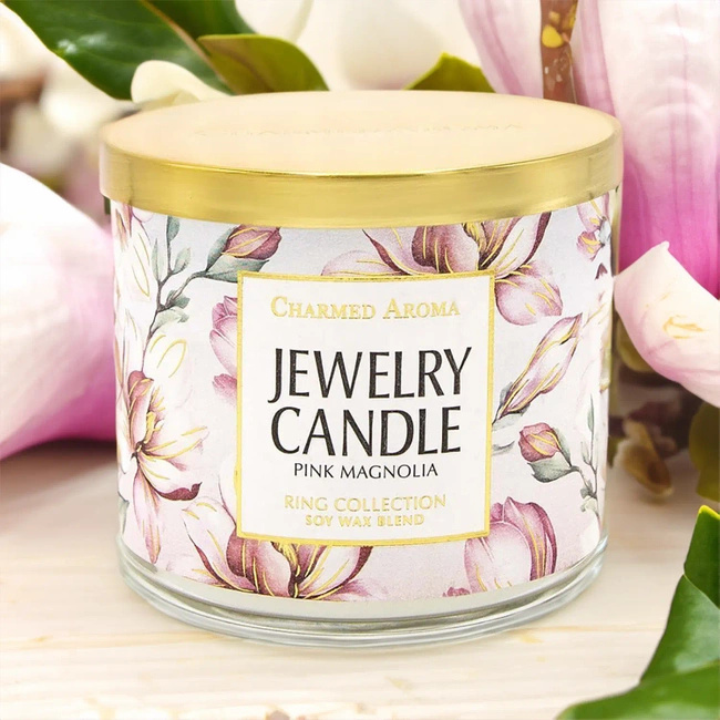 Charmed Aroma jewel soy scented candle with Ring 12 oz 340 g - Pink Magnolia