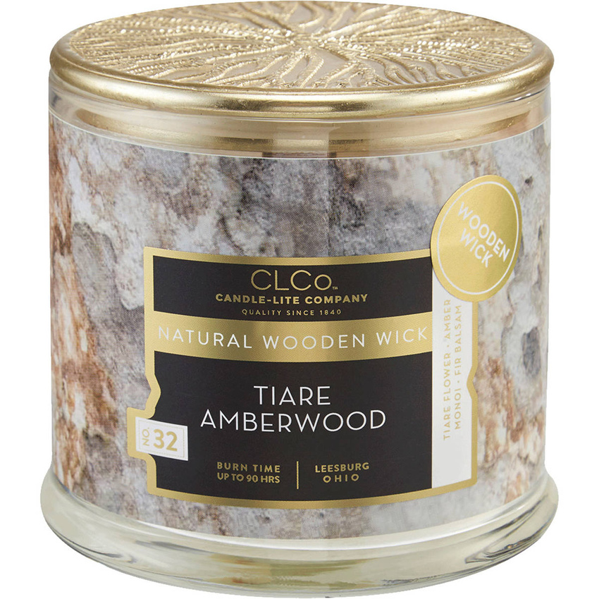 Scented candle with wooden wick Tiare Amberwood Candle-lite