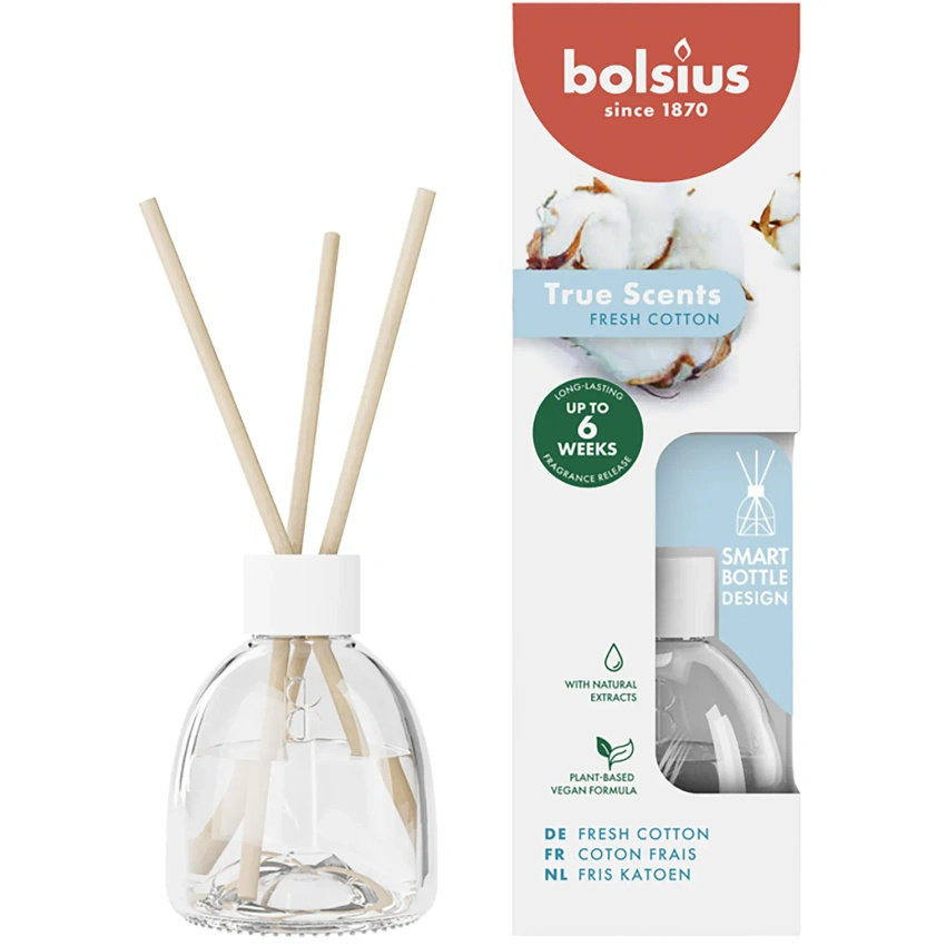 Bolsius True Scents vonné tyčinky do difuzéru 60 ml skleněné - Fresh Cotton Fresh Cotton