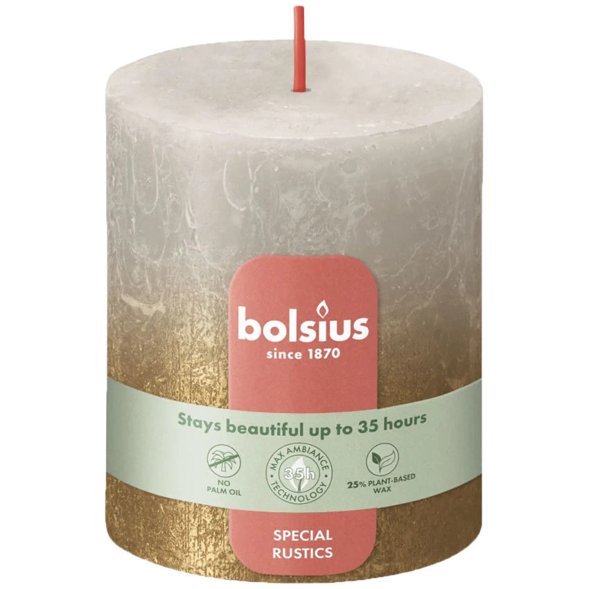 Bolsius Rustic Fading Metallic candela tronco rustica metallizzata ombreggiata non profumata 8 cm 80/68 mm - Sandy Gray Gold