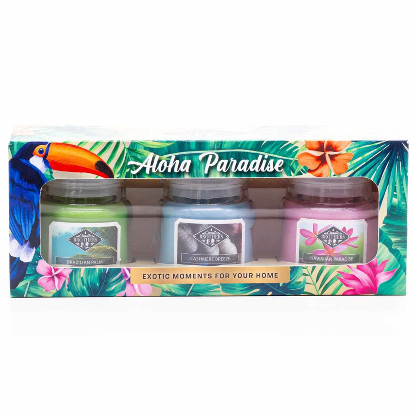 Sojowa świeca zapachowa w szkle zestaw prezentowy w pudełku Candle Brothers Aloha Paradise - Liście Palmy Kaszmirowa Bryza Hawajska Wyspa 3 x 85 g
